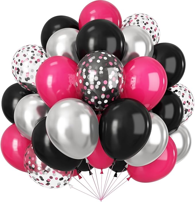 Black and Hot Pink Balloons, 60pcs 12Inch Black and Hot Pink