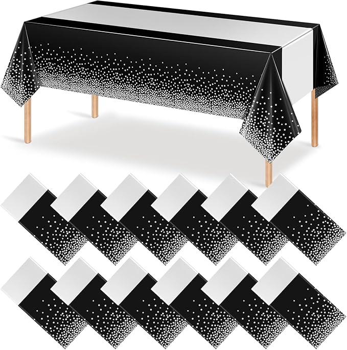 12Pcs Black Silver Tablecloth Party Decorations,Plastic Black Table