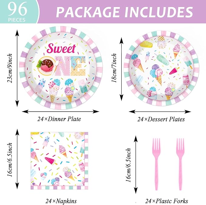 96Pcs Sweet One Ice Cream 1st Birthday Party Paper Plates and