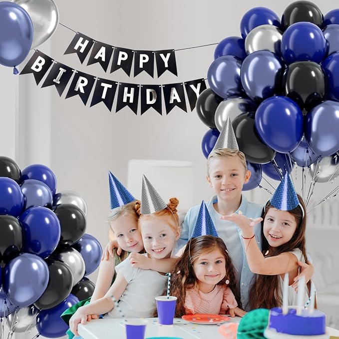 Blue and Black Balloons, 60pcs 12inch Blue Black Metallic Silver