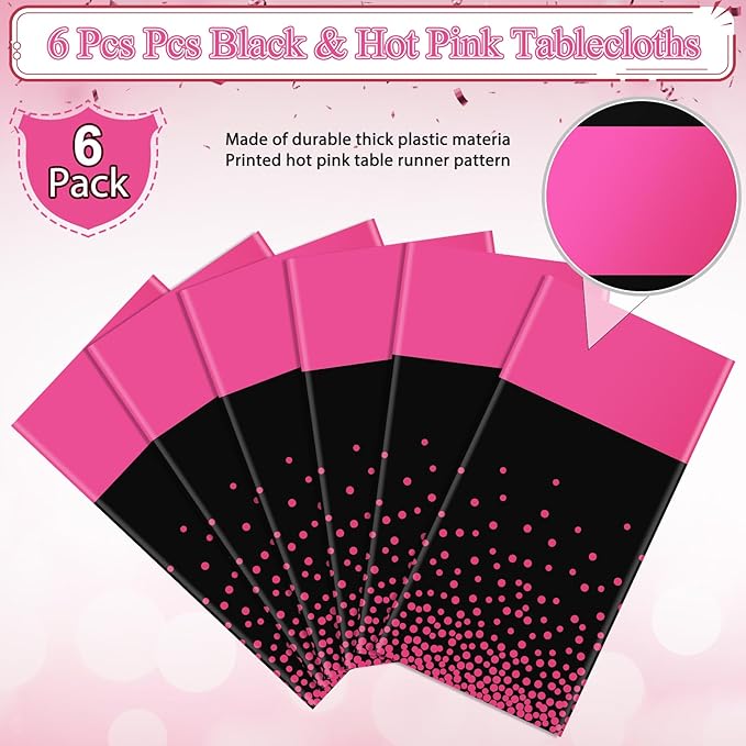 3Pcs Black Hot Pink Tablecloth Party Decorations,Plastic Black Table