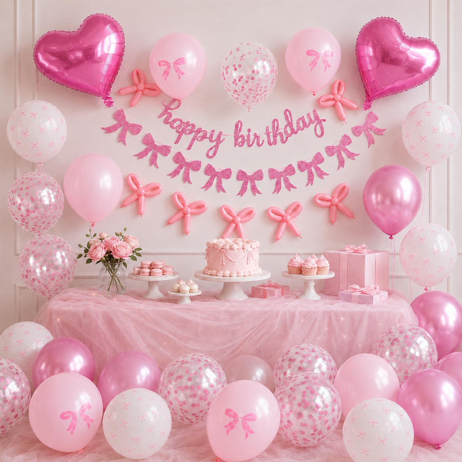 Pink Bow Birthday Decorations, Coquette Party Decor with Happy