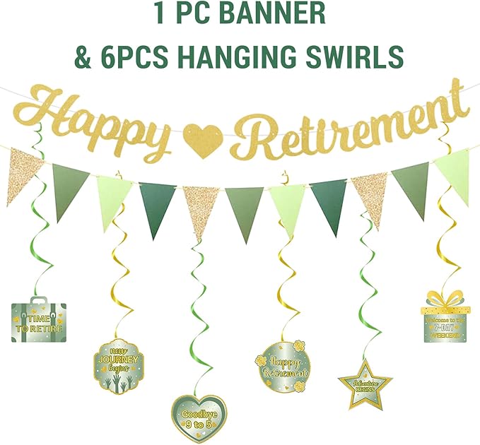 Retirement Party Decorations Women Men Green Happy Retirement Banner