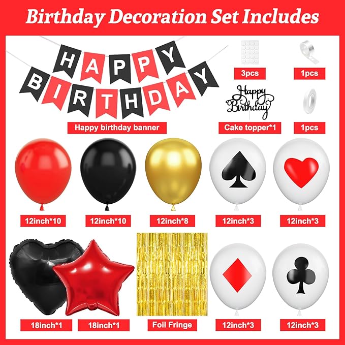 Casino Theme Party Decorations Red Black Gold Poker Balloons Happy