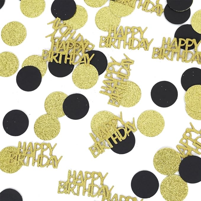 Happy Birthday Confetti, Glitter Gold and Black Birthday Table