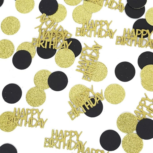 Happy Birthday Confetti, Glitter Gold and Black Birthday Table