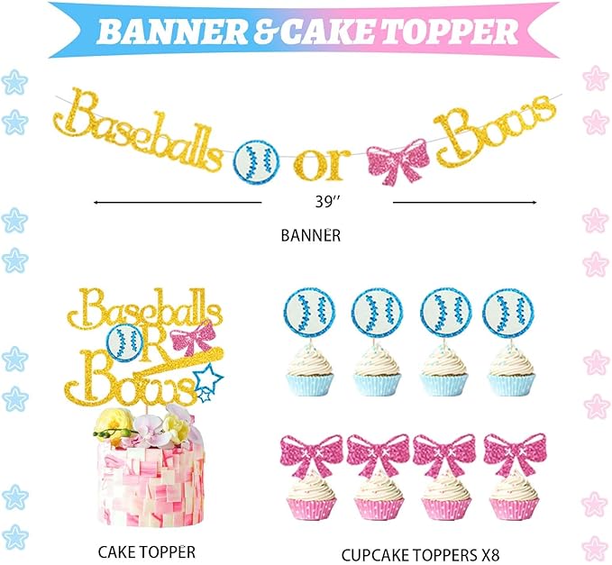 Baseball or Bows Gender Reveal Decorations 171 PCs Boy or Girl