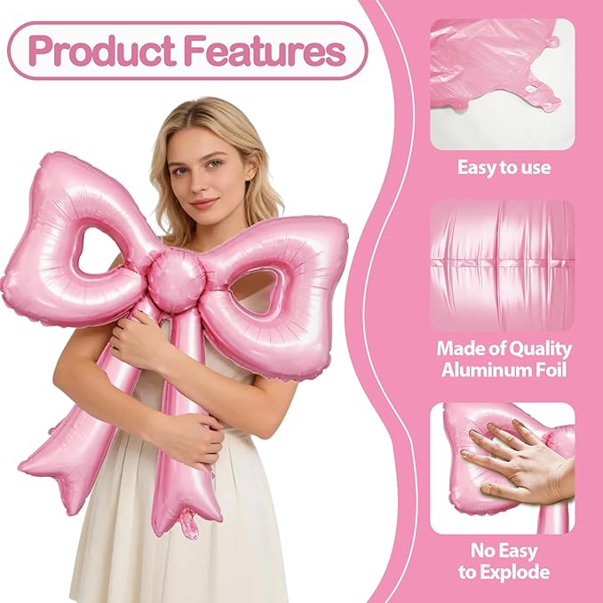 6 Pcs Pearl Pink Bow Balloons, 30 Inch Bow Foil Balloon, Pink Cutout
