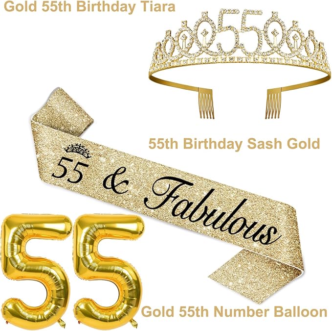55th Birthday Decorations for Women Gold with 55th Birthday Sash and