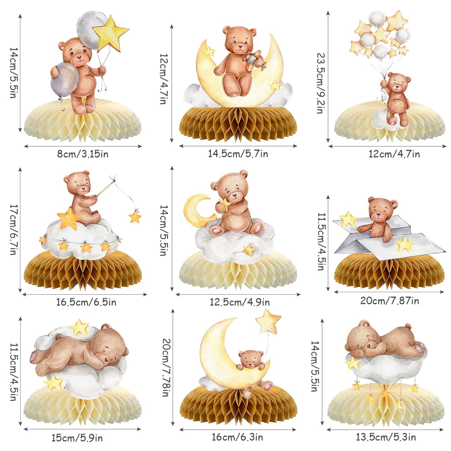 9 Pcs Bear Baby Shower Honeycomb Centerpieces Little Bear Teddy Paper