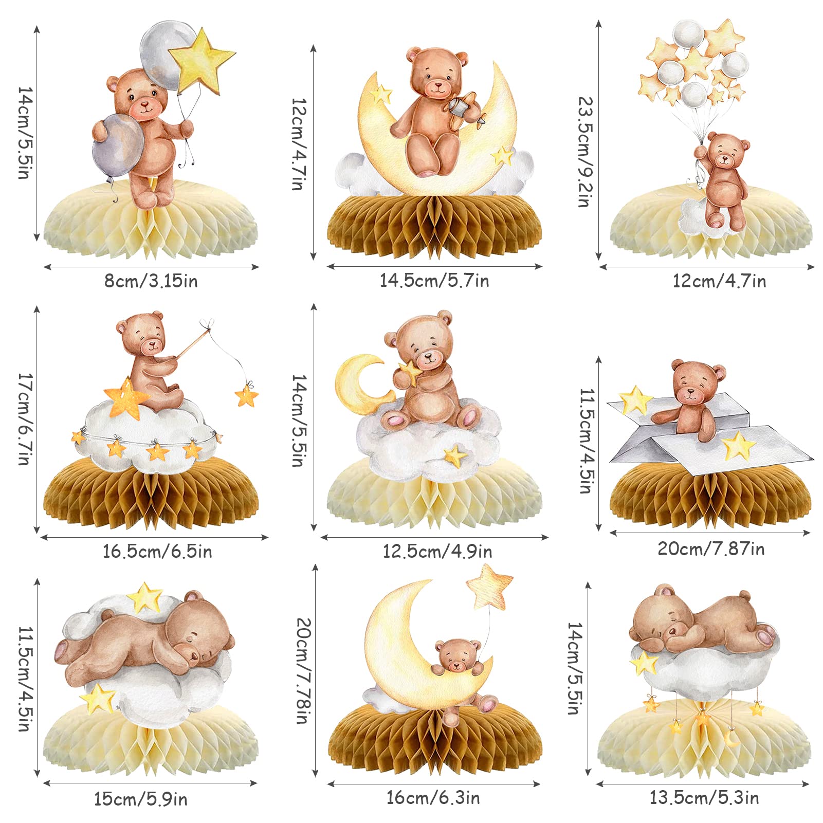 9 Pcs Bear Baby Shower Honeycomb Centerpieces Little Bear Teddy Paper