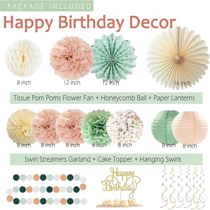 Sage-Green Blush-Pink Birthday Decorations for Women Girls, Cream