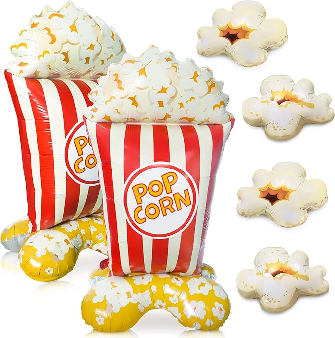 6 PCS Popcorn Balloons Set, 2 Jumbo 3.7 FT Standing Popcorn Bucket