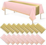 16Pack Disposable Plastic Tablecloths and Satin Table Runner Set Pink