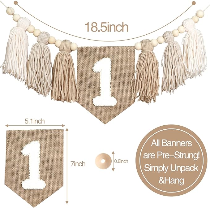 Boho Nude 1st Birthday Highchair Wood Bead Tassel Garland Conical