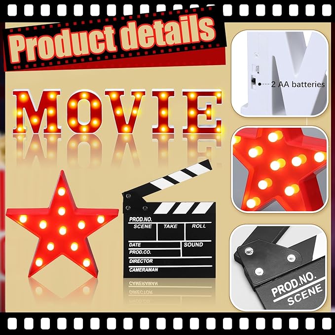 7 Pcs 10'' Movie Light up Letters Sign LED Movie Night Party