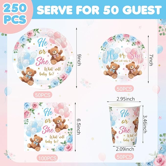 250 Pcs Bear Gender Reveal Paper Plates and Napkins Party Supplies