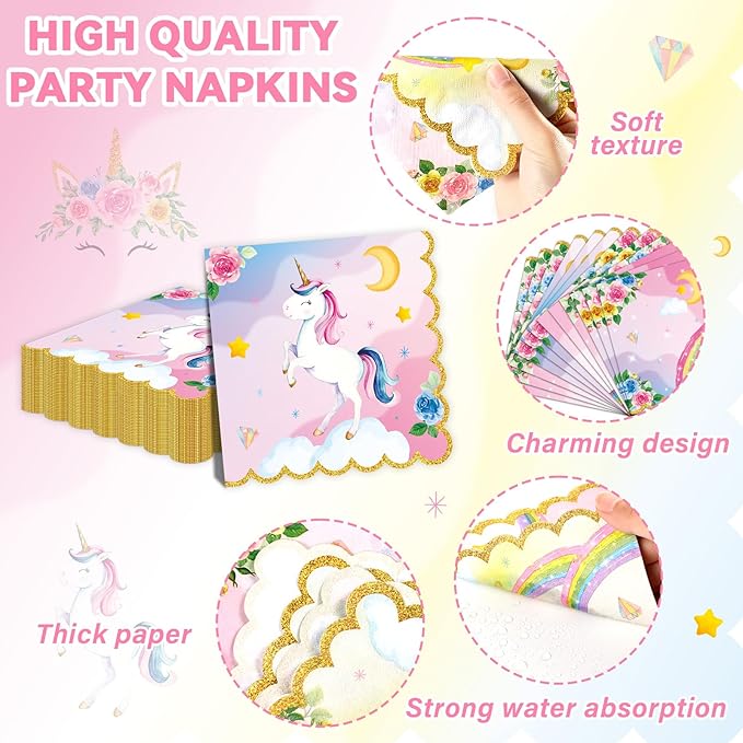 96Pcs Unicorn Party Plates and Napkins Rainbow Unicorn Birthday