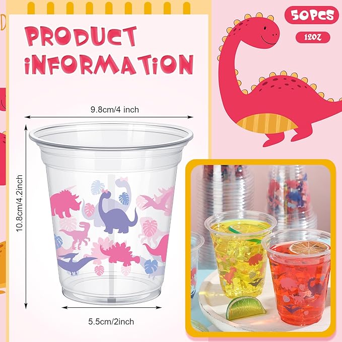 50 Pcs Girl Dinosaur Birthday Party Decorations Cups 12 oz Dinosaur