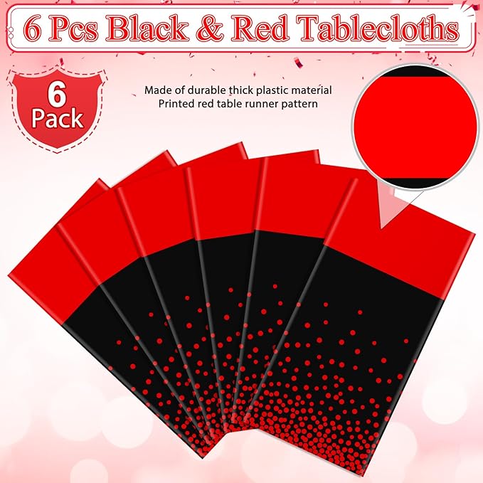 MASHAN 6Pcs Black and Red Tablecloth Party Decorations,Plastic Black