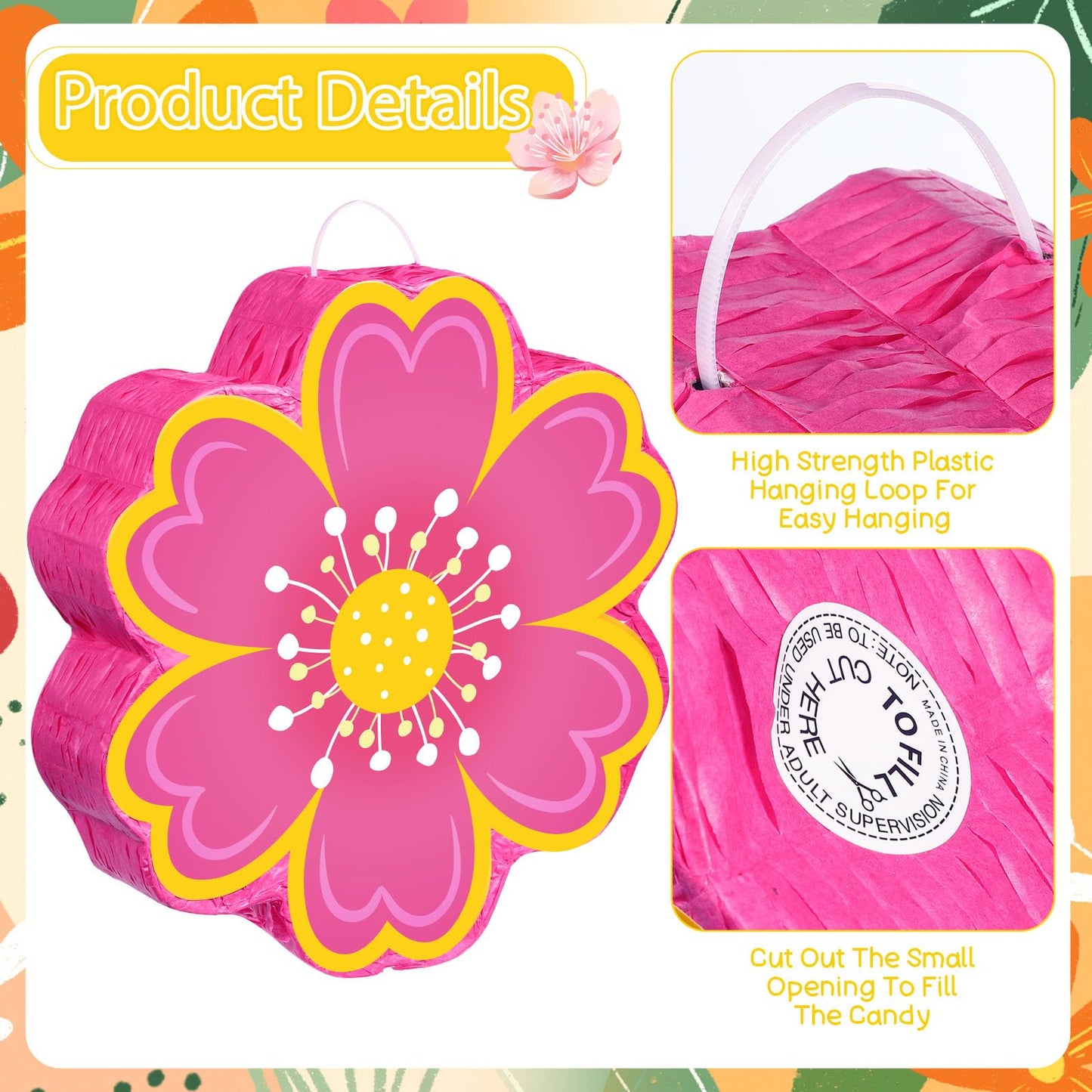 Aoriher Daisy Flower Piñata Set with Blindfold and Bat Pink Flower