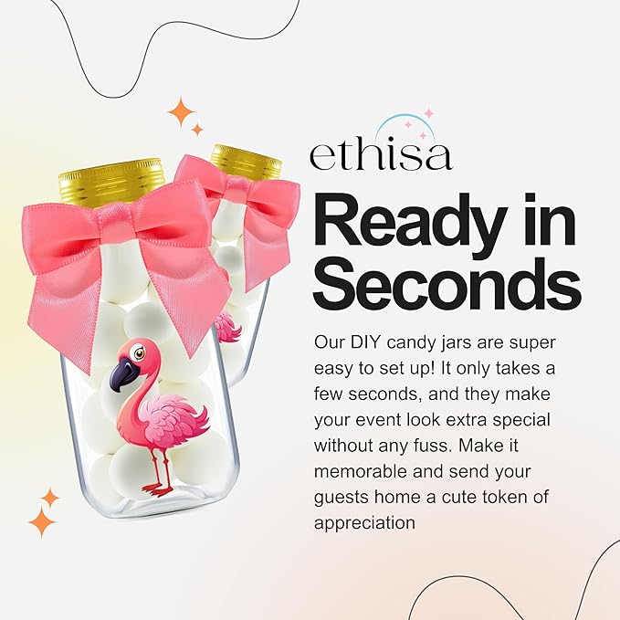 Small 12 Pack Flamingo Party Favors DIY Candy Jars with Ribbons and