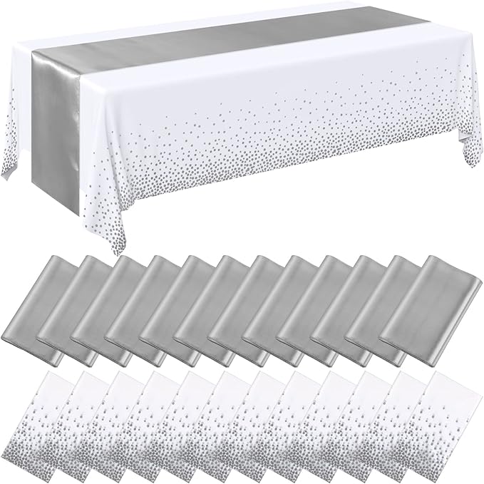 Breling 24 Packs White and Silver Disposable Plastic Tablecloths and
