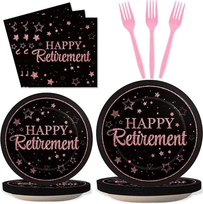 96 Pcs Retirement Party Plates Napkins Tableware Set Rose Gold Happy