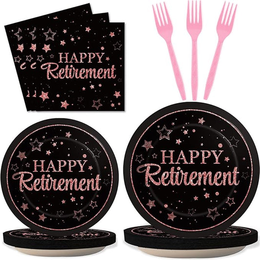 96 Pcs Retirement Party Plates Napkins Tableware Set Rose Gold Happy