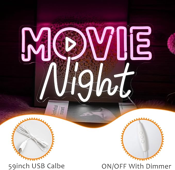 Movie Night Neon Sign LED Pink White Neon Light for Wall Decor