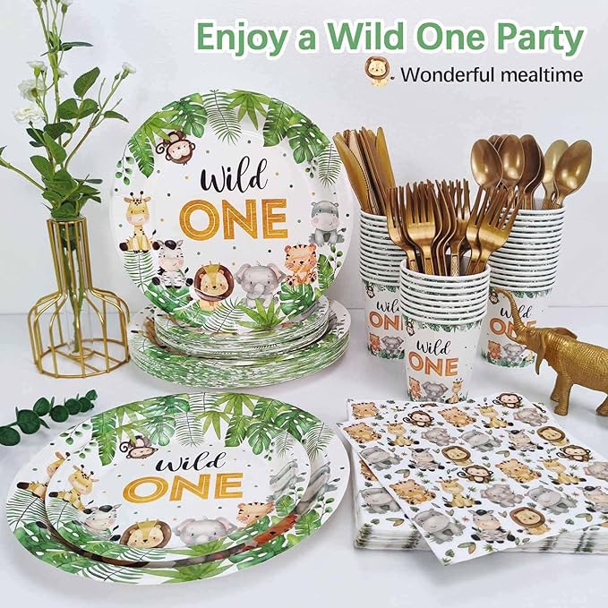 175 Pcs Wild One Birthday Decorations Plates Set 25 Guests Safari