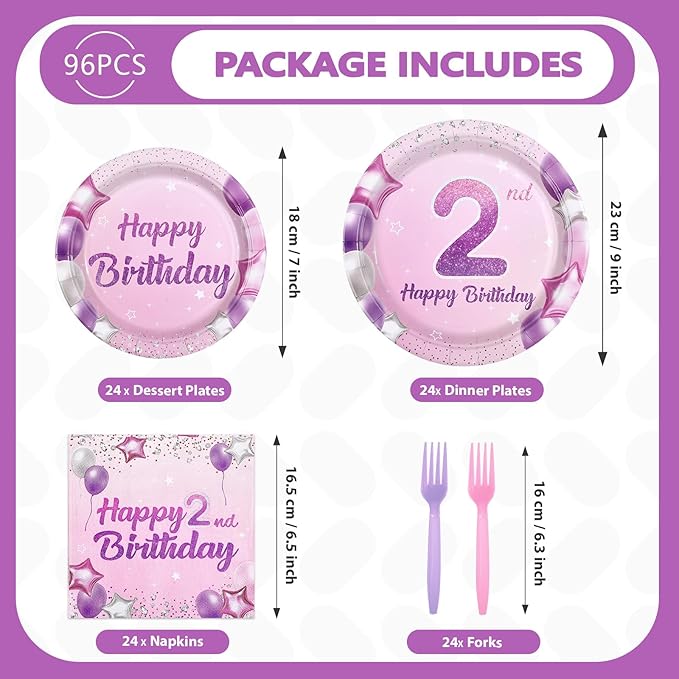 96Pcs Pink Purple 2nd Birthday Party Decorations Pastel 2nd Birthday