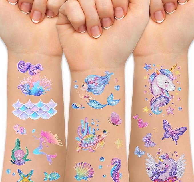 Ozepao Glitter Temporary Tattoo for Girls, 12 Sheets Mermaid Unicorn