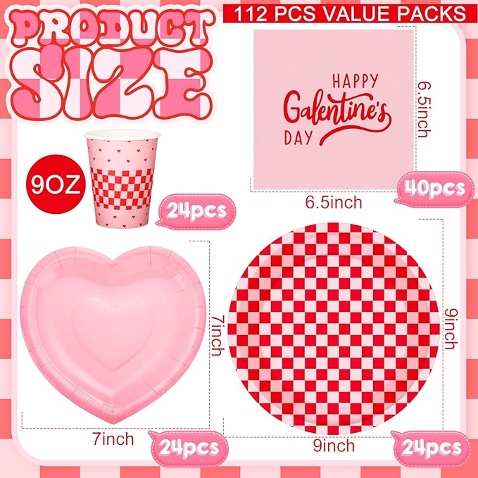 112 Pcs Galentine's Day Party Supplies Set for 24 Guests 9 Inch 7