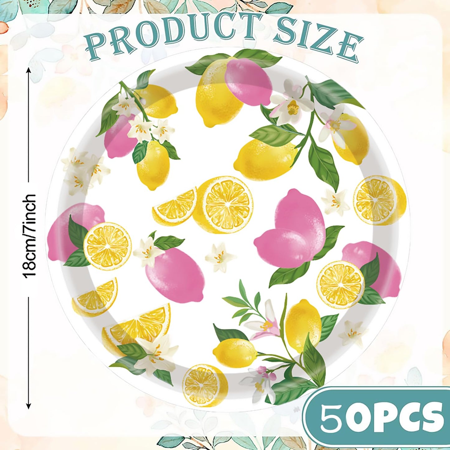 50PCS Lemon Party Supplies - 7" Lemon Plates with Blue Tiles & Yellow
