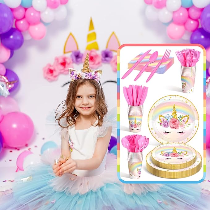 168 Pcs Unicorn Party Tableware Supplies Set Include Rainbow Unicorn