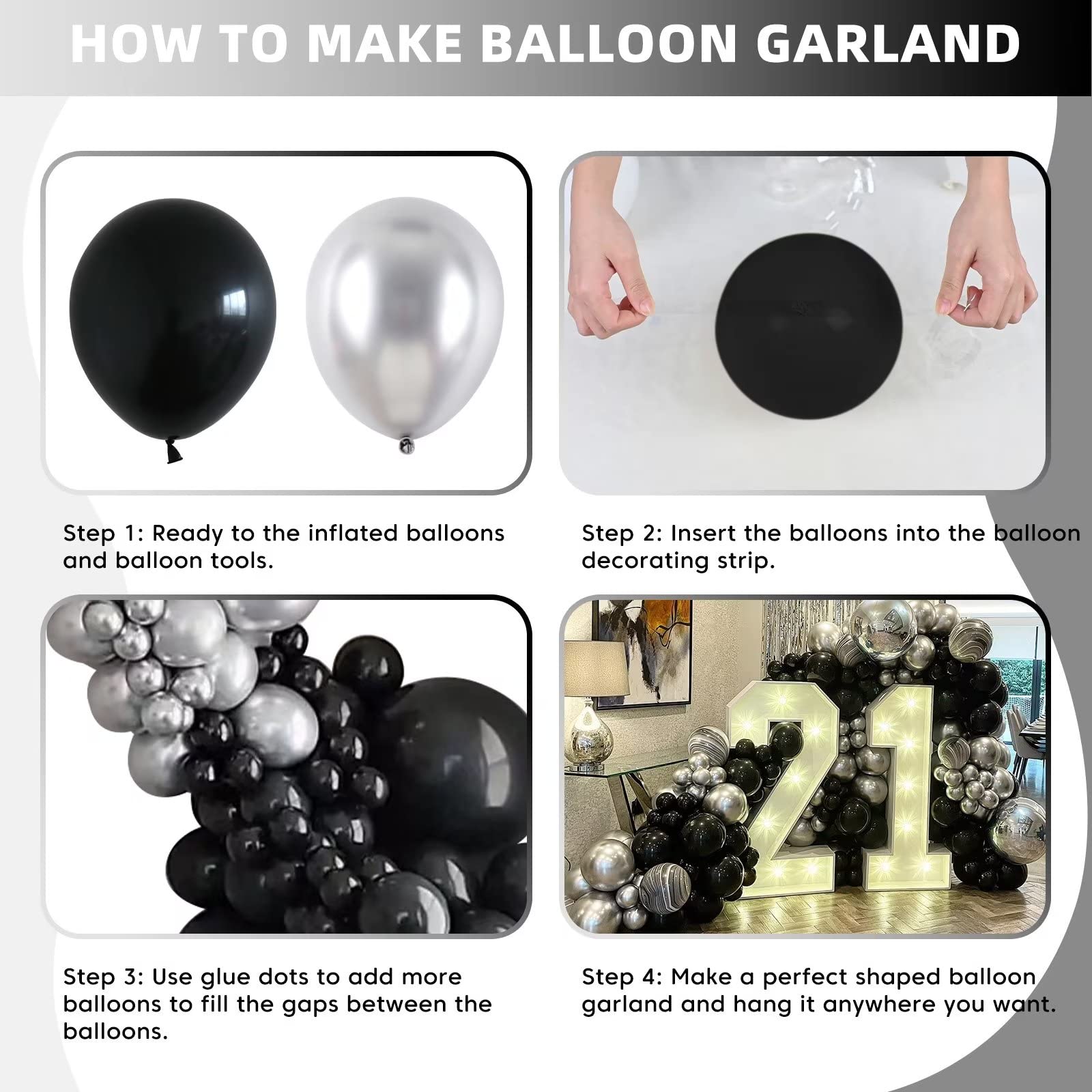Black and Silver Balloon Garland Kit, Metallic Silver and Black