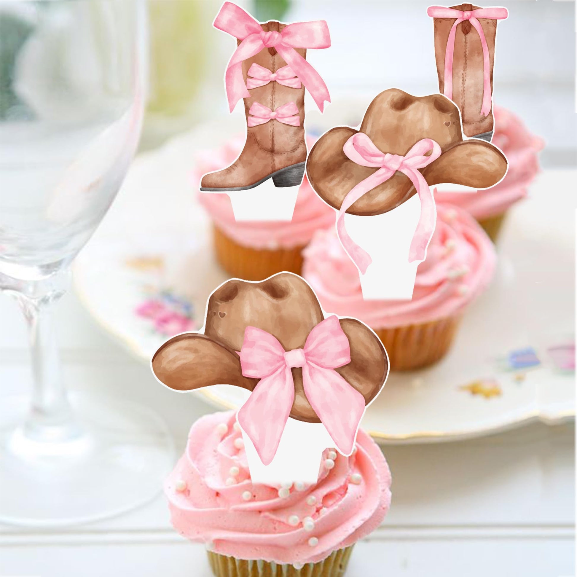 Cowgirl Boots and Hat Pink Bow Cupcake Toppers Coquette Cowgirl Cake