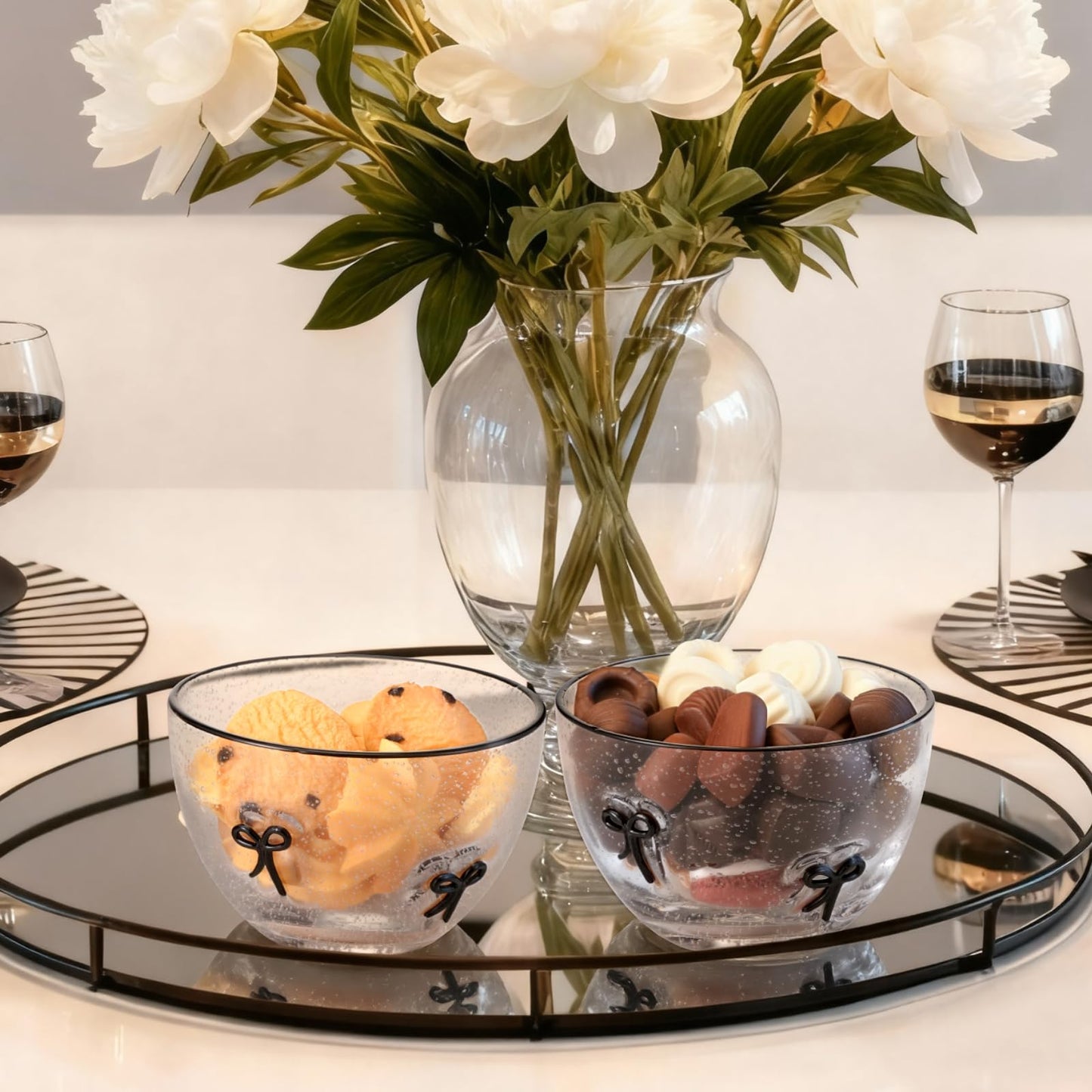 Potchen 2 Pcs Black Bow Candy Bowl Dish, 14oz Glass Dessert Bowls with