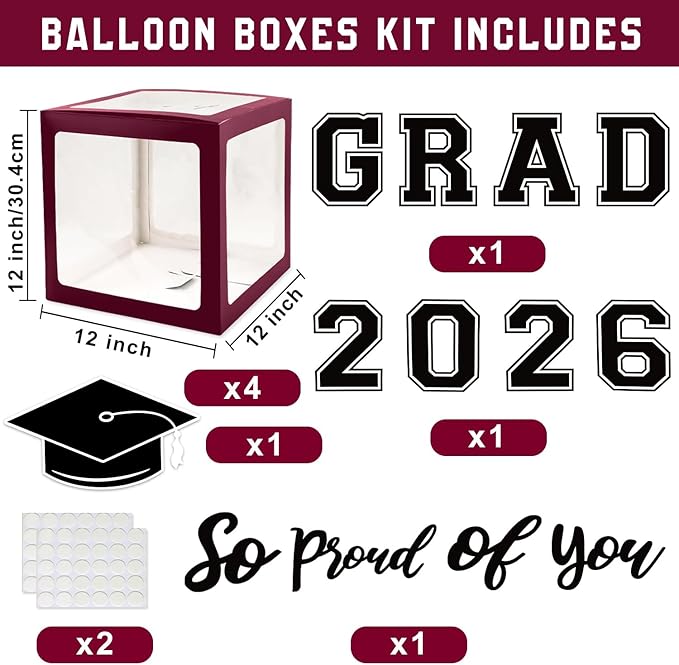 Maroon Themed 2026 Graduation Decorations Set - Balloons Boxes with
