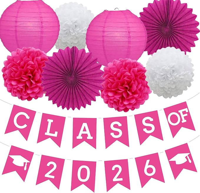Hotpink Graduation Party Decoration Class 2026 Banner Hanging Pom