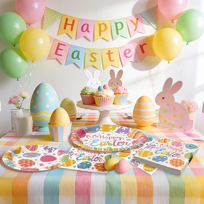75Pcs Easter Paper Plates and Napkins Set Easter Eggs Themed