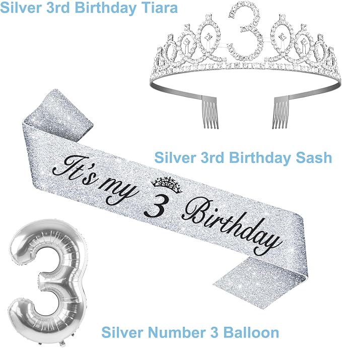3rd Birthday Decorations for Girls Silver with 3rd Birthday Sash and