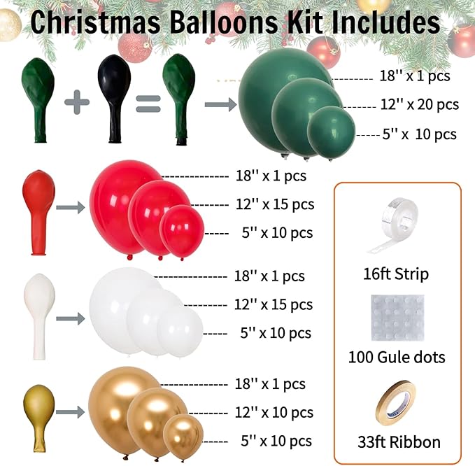 Christmas Balloon Arch Kit 140pcs Double Stuffed Green Red White &