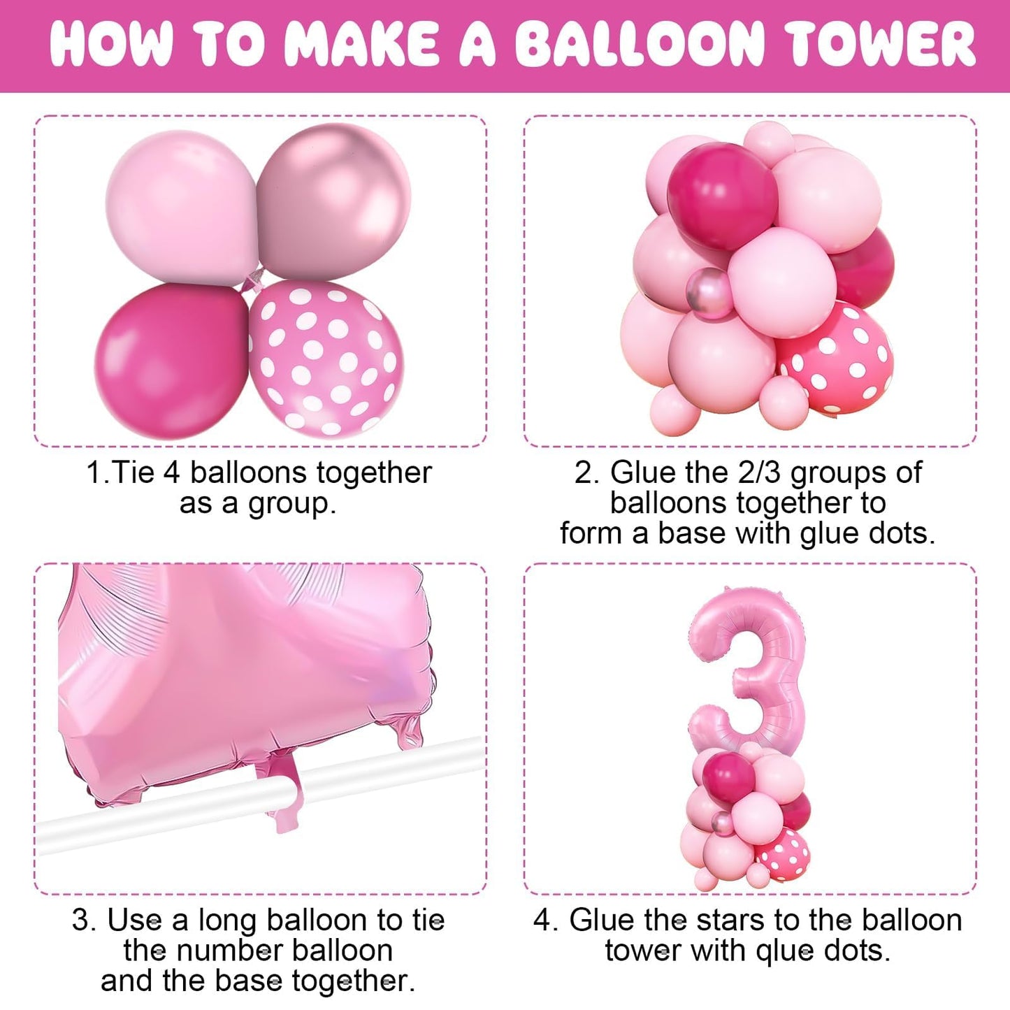 Pink 3rd Birthday Balloons Decorations, Hot Pink Rose Polka Dots