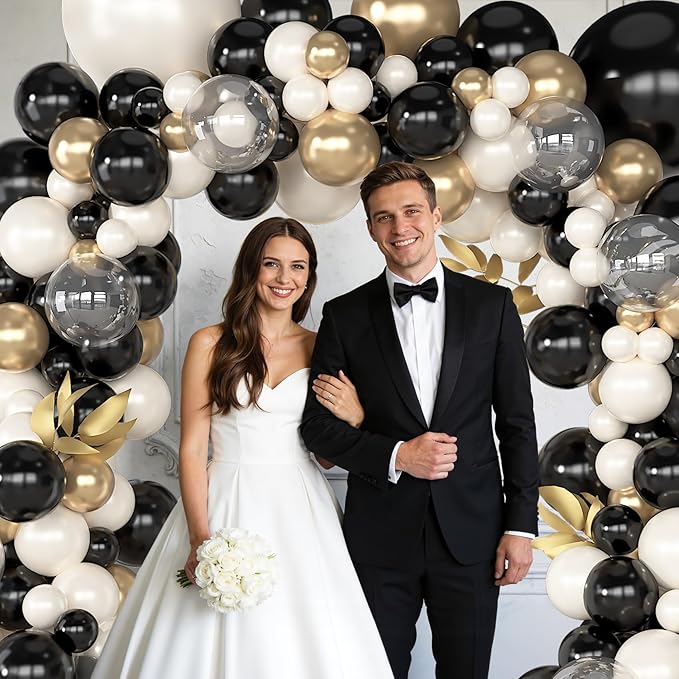 Amandir 173Pcs Black Pearl White Gold Balloons Arch Garland Kit,