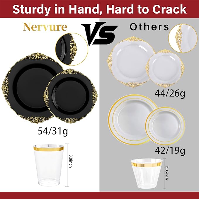 Nervure 350PCS Black Plastic Plates - Black Plastic Dinnerware Sets