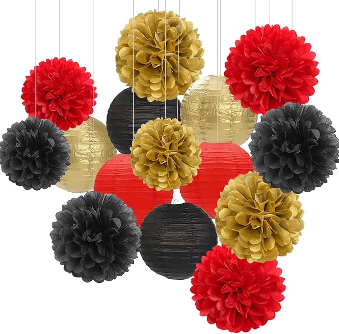 Red Black Gold Party Decorations Paper Flowers Lanterns 15PCS Casino