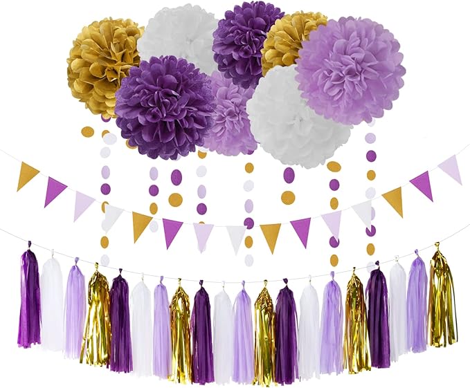 Purple Gold Graduation Decorations 30pcs Kits Lavender White Paper