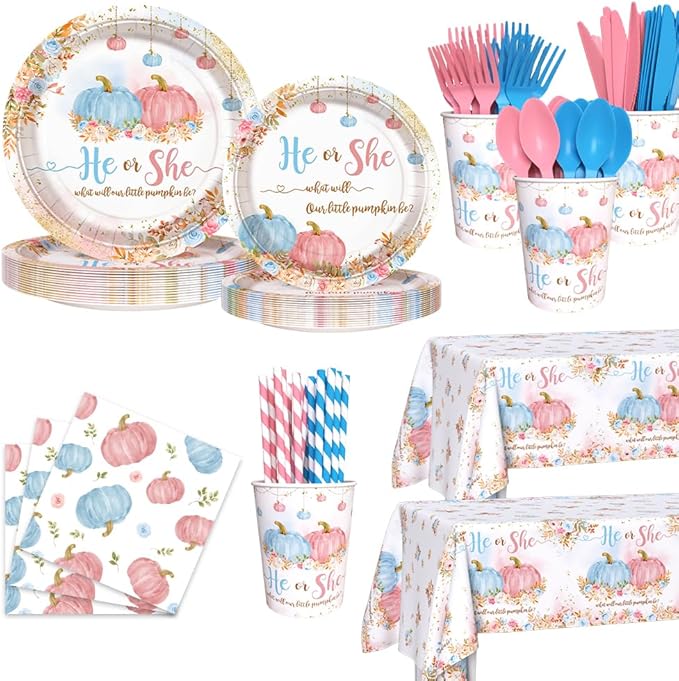 194 PCS Pumpkin Gender Reveal Decorations Pumpkin Paper Plates Cups